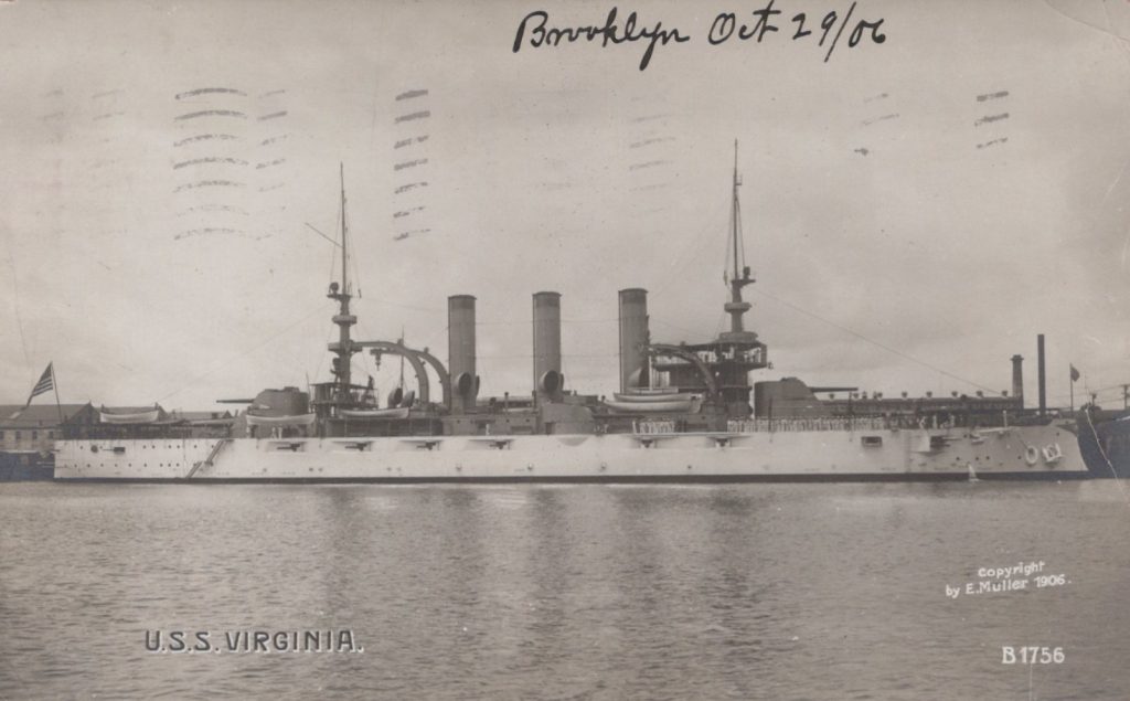 USS Virginia - Enrique Muller 1906 - Postmarked Brooklyn, NY