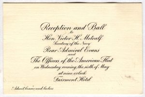 Invitation to the Reception at the Fairmont Hotel - San  Francisco, California