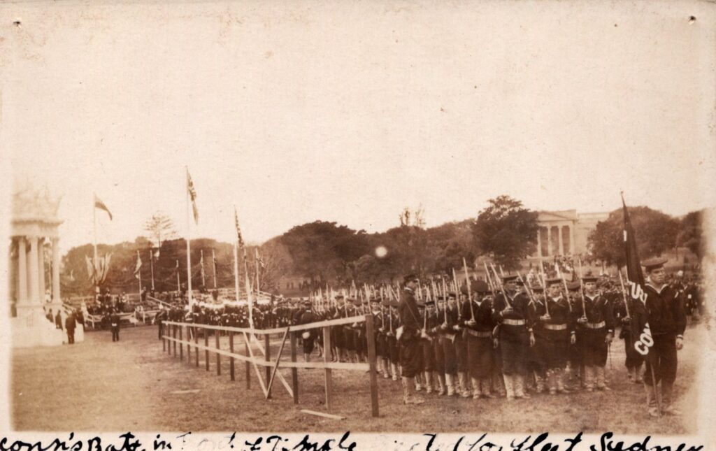 Connecticut's battalion in front of temple erected for Fleet Sydney