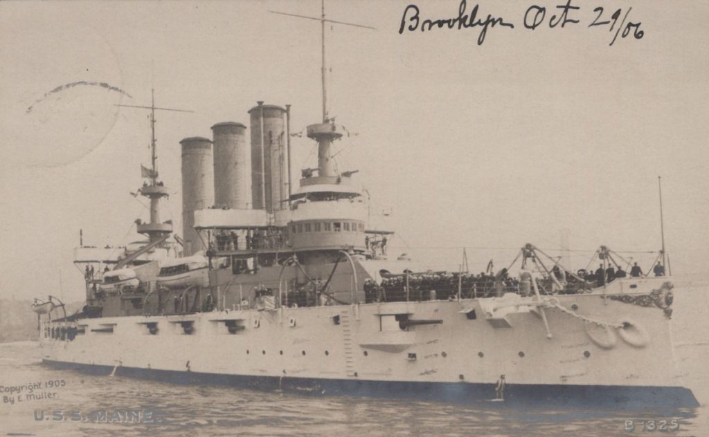 USS Maine - Enrique Muller - 1905 - Postmarked Brooklyn, NY